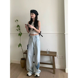 Quần Jeans ống rộng Butterfly màu xanh nhạt cạp cao NewArrival 2023