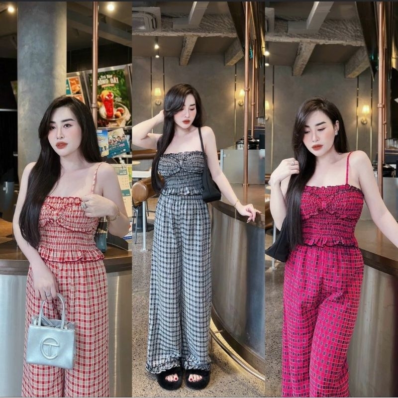 Set áo yếm caro kate lụa siêu sang