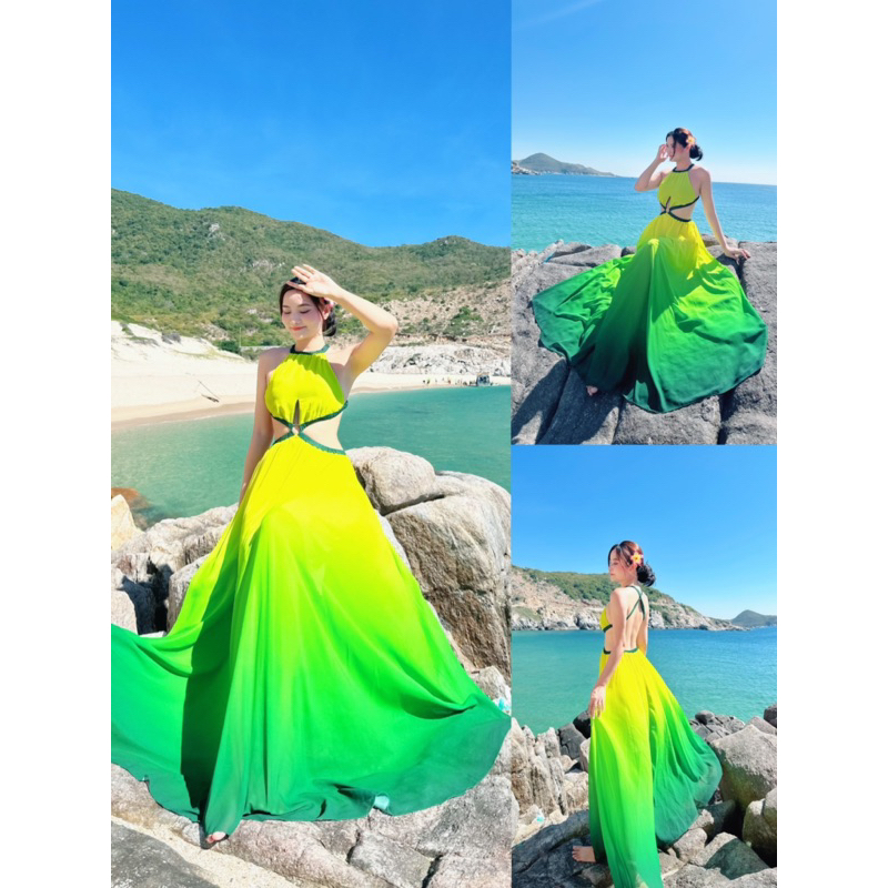 Đầm maxi màu loang ombre cổ yếm hở lưng váy xoè đi biển du lịch chụp ảnh sống ảo thiết kế
