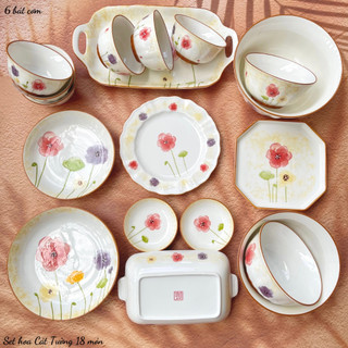 Bộ Bát đĩa sứ decor, Chén dĩa dễ thương, Bát ăn cơm, Bộ chén dĩa hoạ tiết hoa cát tường siêu đẹp
