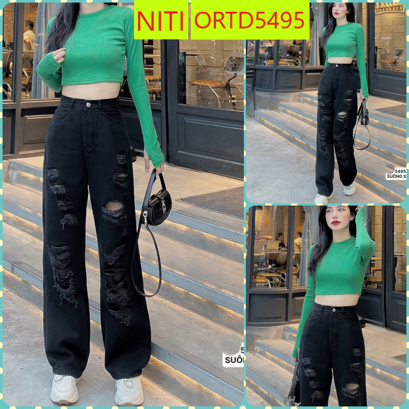 QUẦN JEANS ỐNG RỘNG NỮ LƯNG CAO RÁCH CÀO MẢNG ĐÙI DÀI MÀU ĐEN LAI CUỐN SIÊU THỜI THƯỢNG