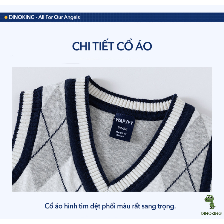 Áo len gile bé trai DINOKING Áo gi-lê len cho bé phong cách Hàn Quốc mùa thu đông 2023 trẻ em 2 - 7 tuổi AL10