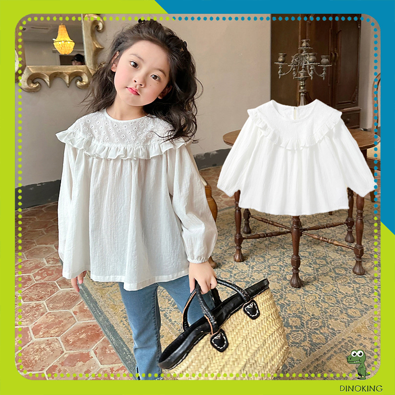 Áo sơ mi bé gái Hàn Quốc DINOKING Sơ mi ren dài tay cho bé màu trắng phong cách Hàn mùa thu phù hợp trẻ em 2- 8tuổi AS12