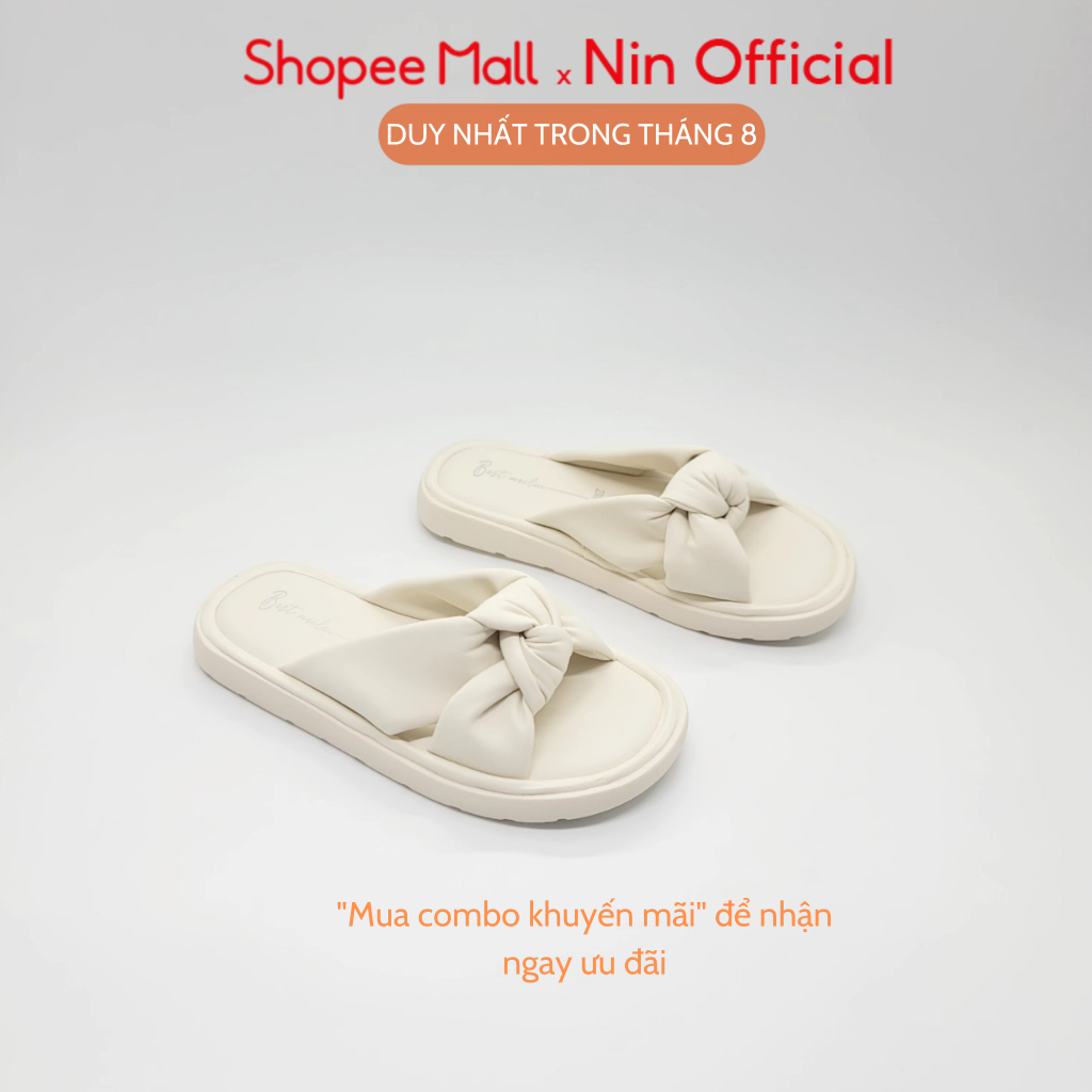 Dép nữ Ninshoes 1 phân đế bằng mũi tròn tag quai nơ xoắn chéo