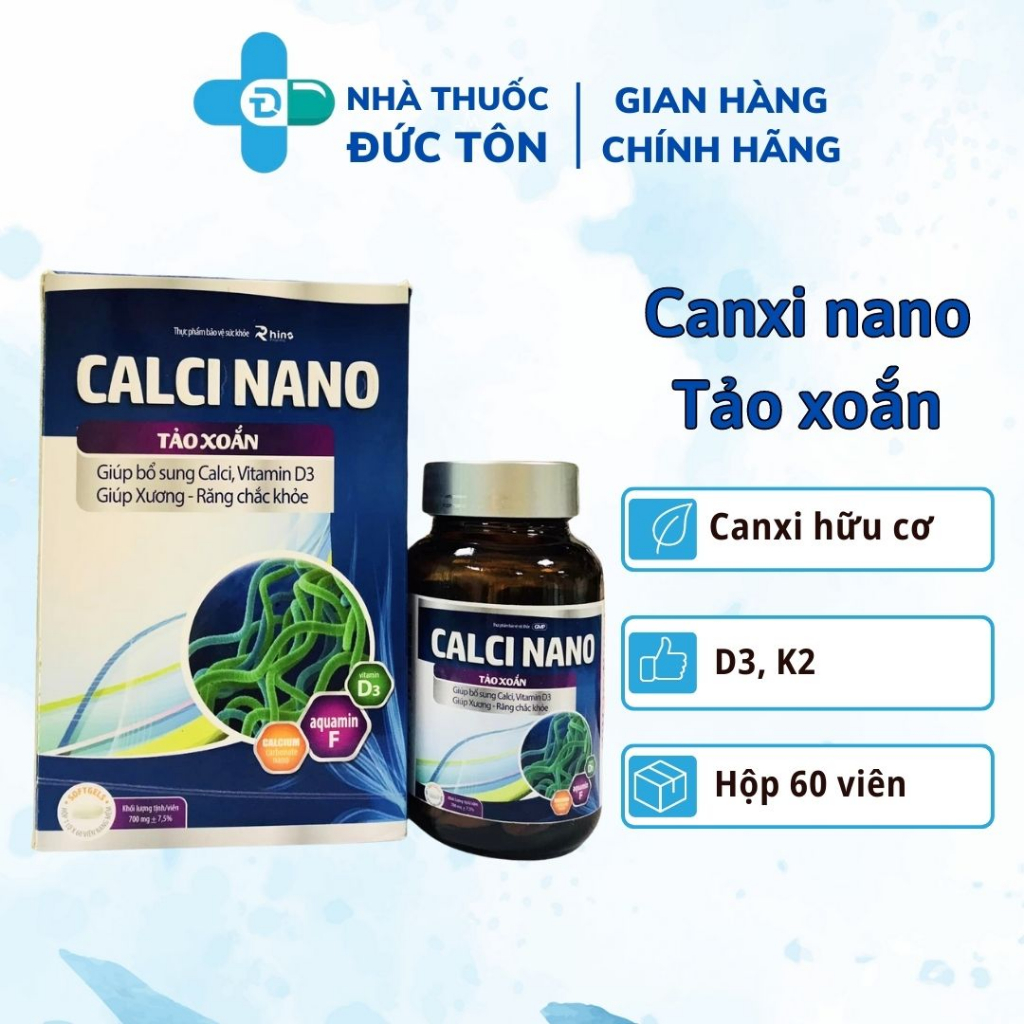 Viên uống canxi cho bà bầu Calci Nano, kết hợp tảo xoắn, Aquamin F, Vitamin K2, D3 - Hộp 60 viên