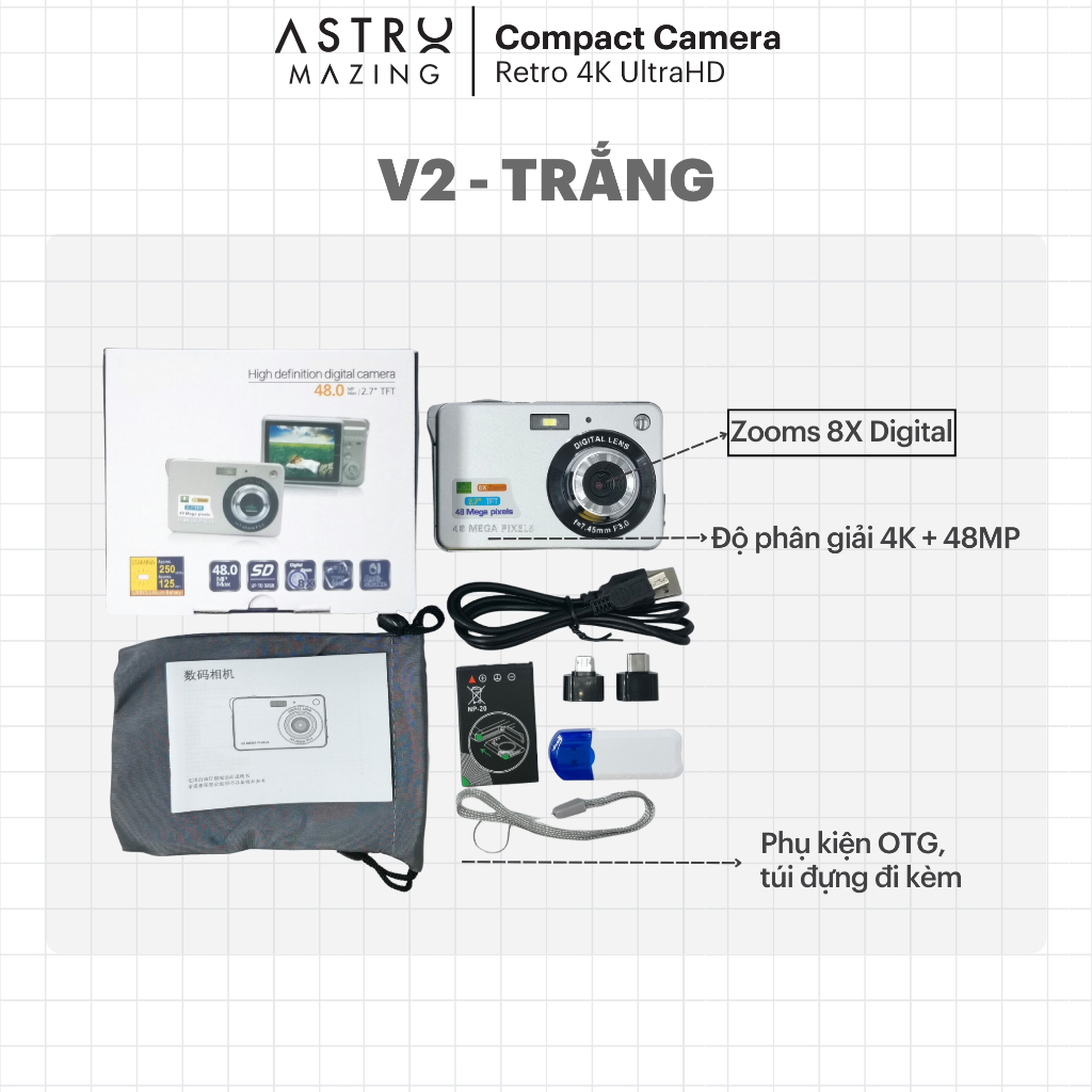 [Camera V2] Máy chụp ảnh kĩ thuật số digital zoom V2 by AstroMazing - Quay, chụp 48MP, siêu mỏng nhỏ gọn