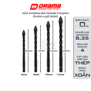 Mũi Khoan Đa Năng 4 Cạnh Chuôi Lục Giác 6.35 - Bán Lẻ Đầy Đủ Kích Cỡ - Mũi Khoan Gạch Men DRAMA