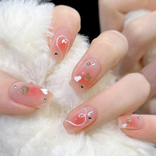  Móng tay giả đính đá kèm keo 15204 Bộ 24 móng tay giả màu hồng đính đá hình trái tim đẹp dễ thương Nail xinh Nailbox 
