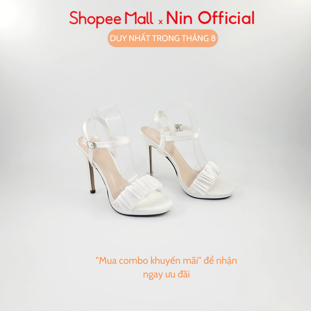 Sandal gót nhọn 12 cm Ninshoes mũi tròn quai ngang nhúm dây khuy cài hông SDM063