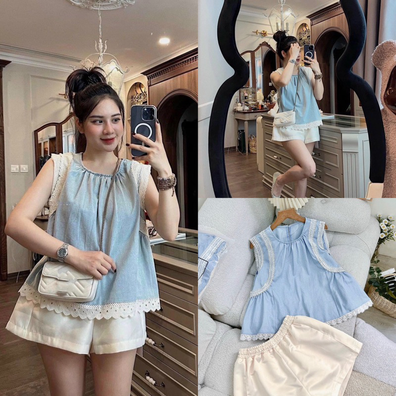 Áo denim cổ tròn sát nách viền ren + quần short kem