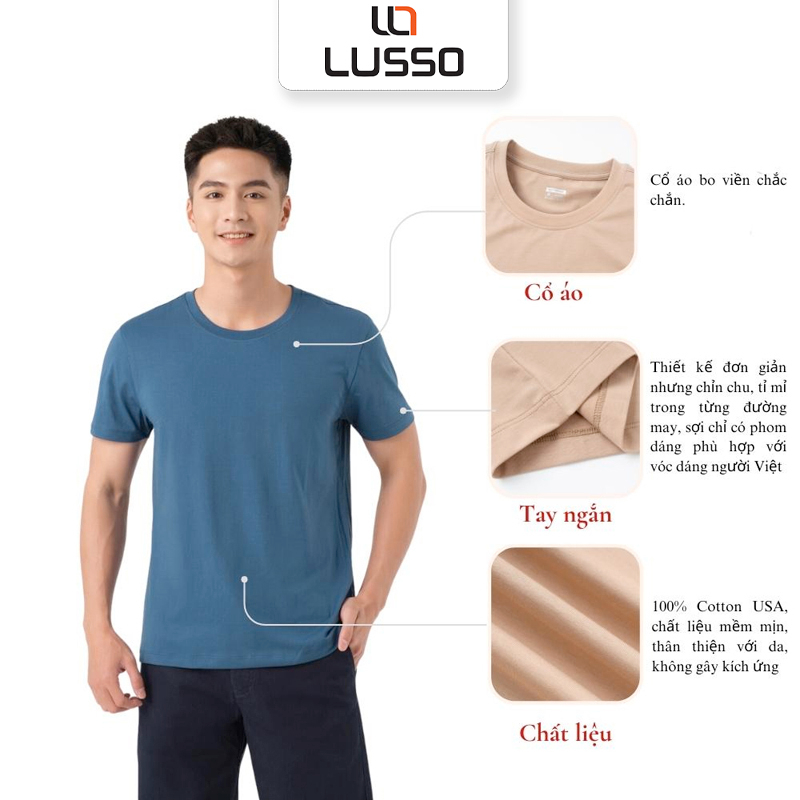 Áo Thun Nam Ngắn Tay Cổ Tròn LUSSO Vải Cotton USA Premium Mềm Mịn Co Giãn 4 Chiều Mặc Hè Thoáng TSL23-001