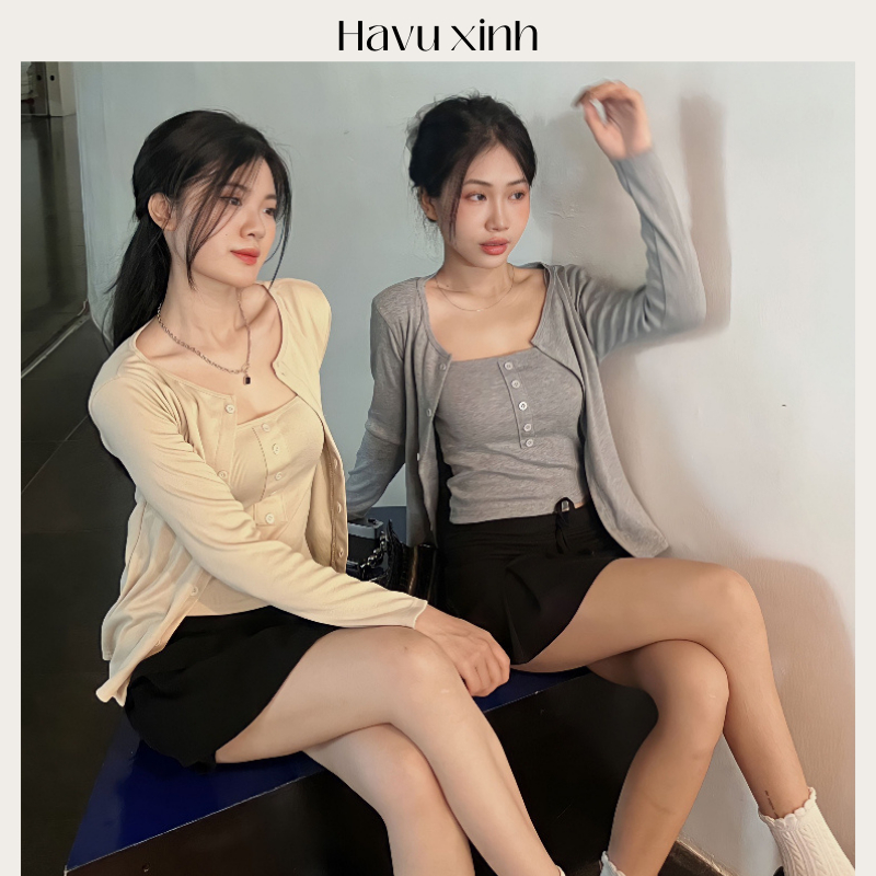 Set Áo Cardigan MẪU MỚI cài cúc kèm áo 2 dây, chất thun gân cao cấp - HAVU