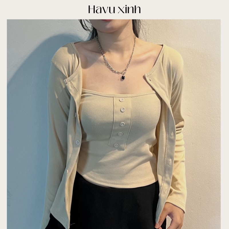 Set Áo Cardigan MẪU MỚI cài cúc kèm áo 2 dây, chất thun gân cao cấp - HAVU