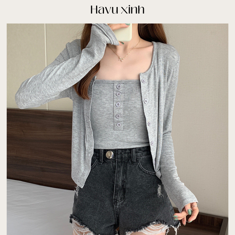 Set Áo Cardigan MẪU MỚI cài cúc kèm áo 2 dây, chất thun gân cao cấp - HAVU
