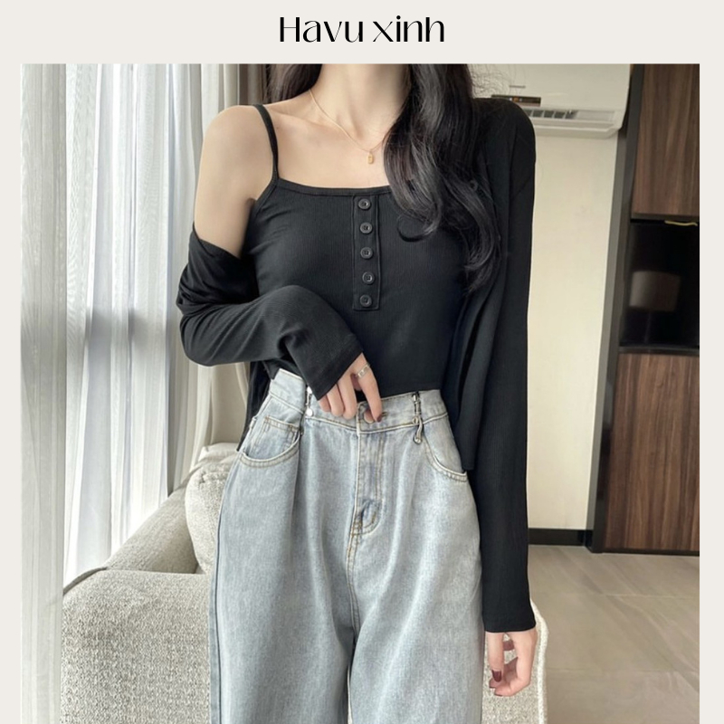Set Áo Cardigan MẪU MỚI cài cúc kèm áo 2 dây, chất thun gân cao cấp - HAVU