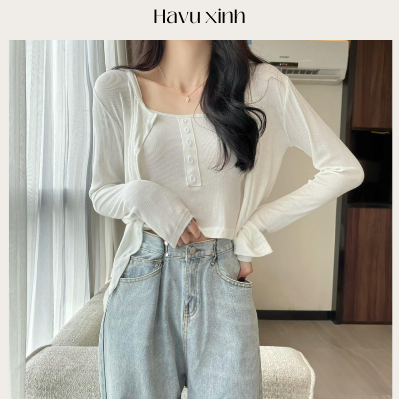 Set Áo Cardigan MẪU MỚI cài cúc kèm áo 2 dây, chất thun gân cao cấp - HAVU