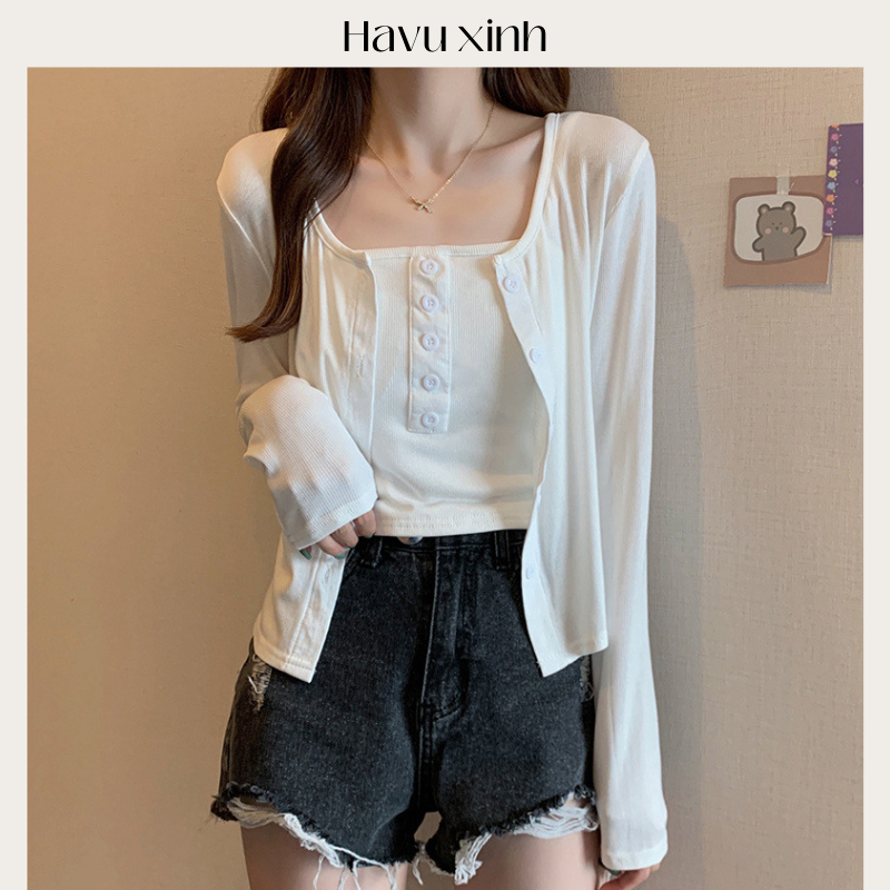 Set Áo Cardigan MẪU MỚI cài cúc kèm áo 2 dây, chất thun gân cao cấp - HAVU