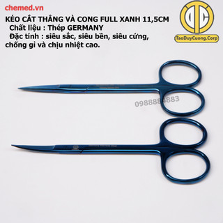 Kéo cắt chỉ cong và thẳng dùng trong thẩm mỹ, phẫu thuật, full xanh dài 11,5 cm