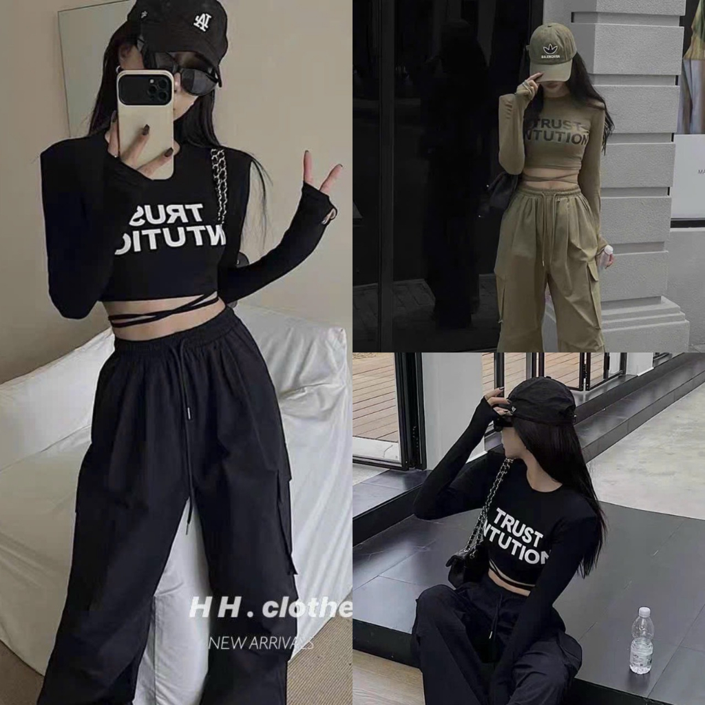 Sét đồ nữ áo tay dài họa tiết in chữ trước ngực phối đan dây eo sang chảnh mix quần dài cotton lạnh tôn dáng