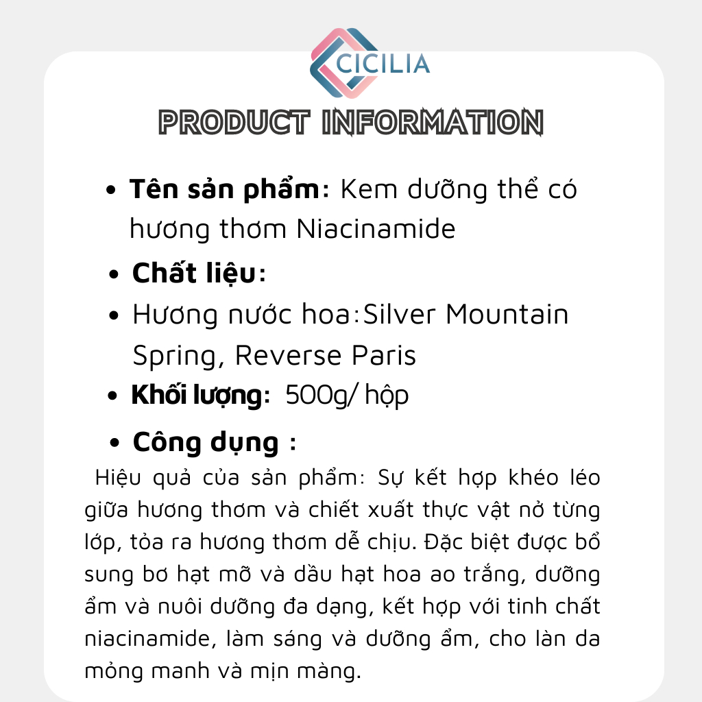 Sữa Dưỡng Thể Dưỡng Sáng Da Hương Nước Hoa Mềm Mịn Da 500ml CICILIA - CI-030