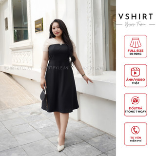 Váy đen nhún vai trắng đính hoa đá ngực bigsize (50kg đến 90kg) VSHIRT