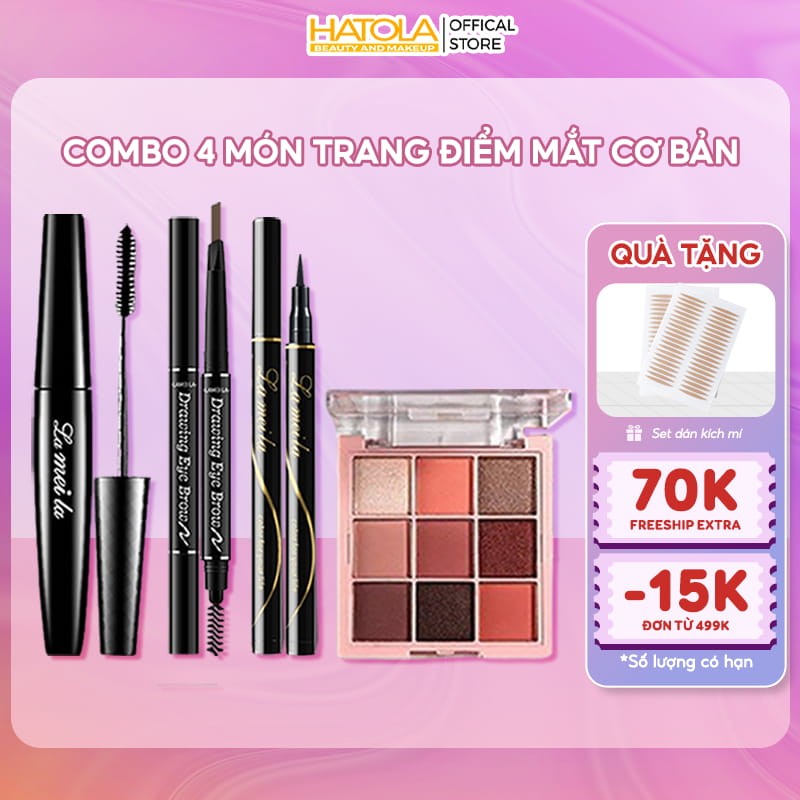 Bộ trang điểm mắt 4 món cơ bản chì kẻ mày tự nhiên, mascara chuốt mi cong, kẻ mắt đen siêu mảnh Hatola