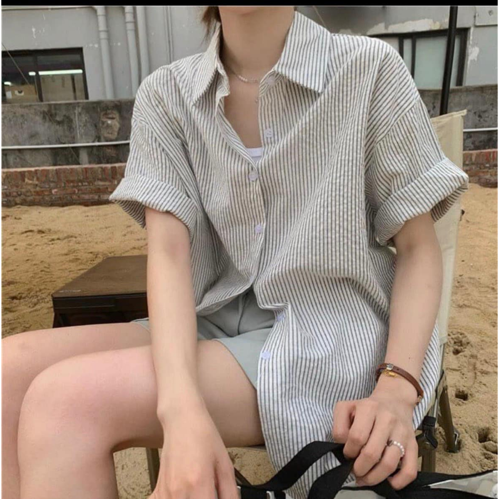 [Kèm ảnh thật] Áo Sơ Mi Kẻ Xốp Trơn Nữ 🌸 Thun kiểu form rộng tay lỡ oversize học sinh phong cách hàn quốc đẹp 🌸 | BigBuy360 - bigbuy360.vn