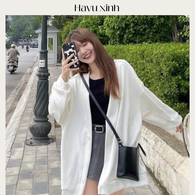 Áo Cardigan nỉ tăm cổ V co dãn, áo khoác ngoài cho nữ - HAVU XINH