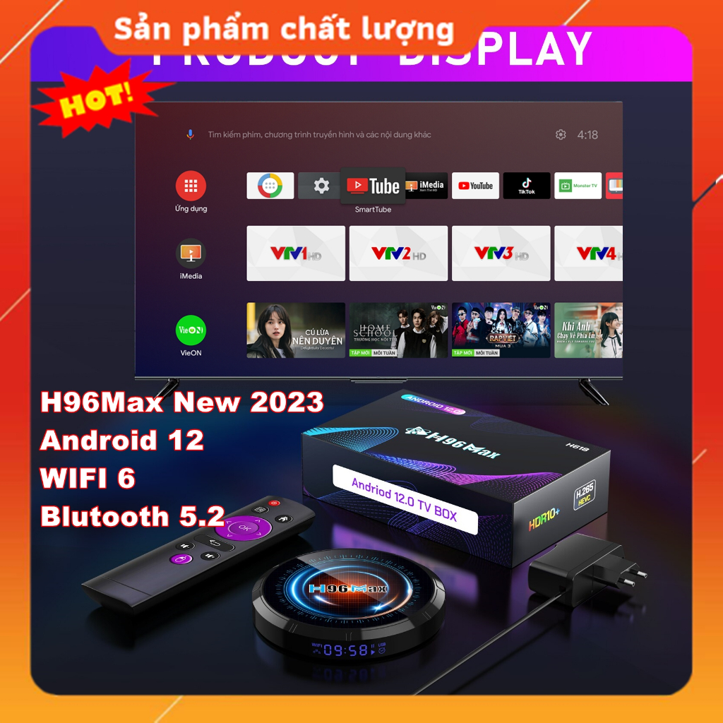 Android TV Box H96MAX Android 12 WIFI 6 Chuẩn 2023 - Free Youtube no ads - Free truyền hình