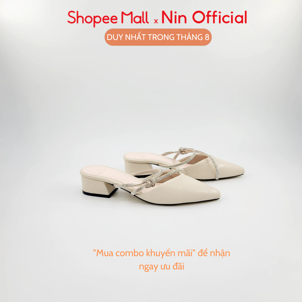 Dép guốc đế vuông 3 cm Ninshoes bít mũi nhọn quai dây chéo gắn đá thắt hông nữ tính