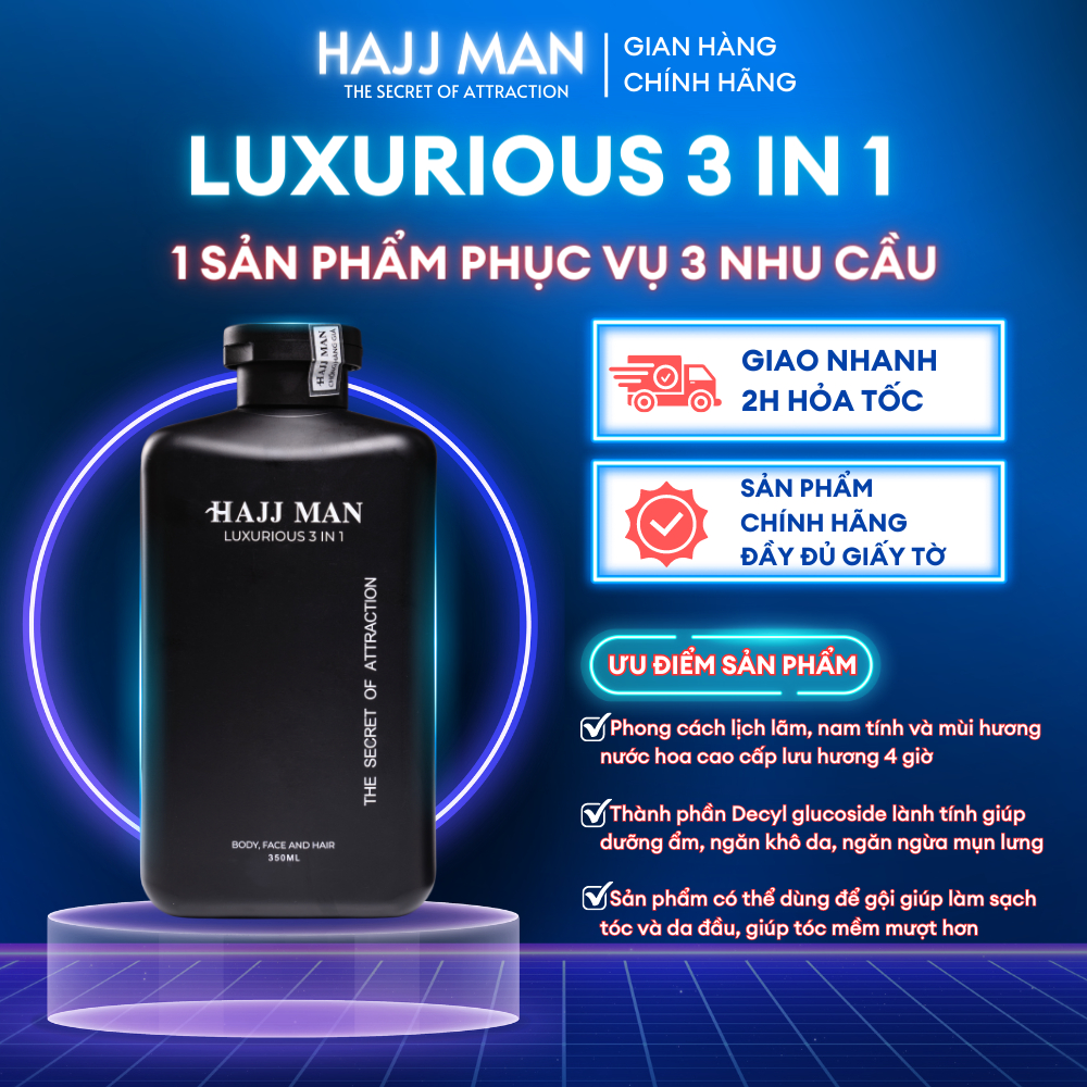 Sữa tắm gội nam hương nước hoa HAJJ MAN Luxurious 3 in 1 350ml hương nước hoa cao cấp.
