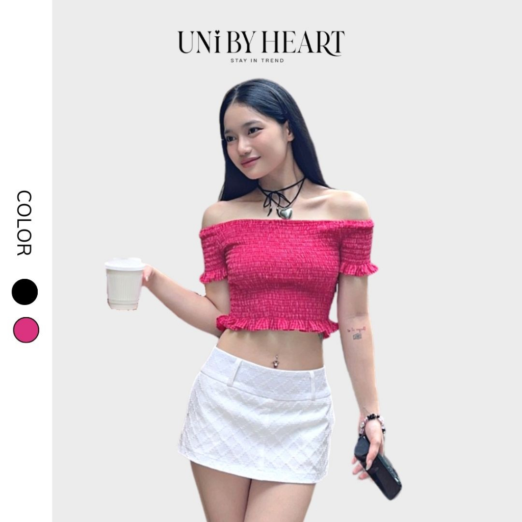 Áo croptop trễ vai thiết kế chun nhún Fika Top ATV04 vải kẻ caro mềm mại, co giãn, tay áo xòe cách điệu - Uni By Heart
