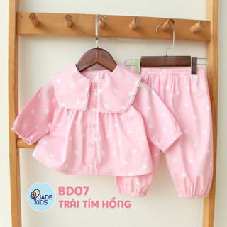 Bộ dài tay bé gái cổ lá phối ren hoạ tiết trái tim hồng chất liệu thô cotton mềm mát cho bé từ 7kg tới 17kg