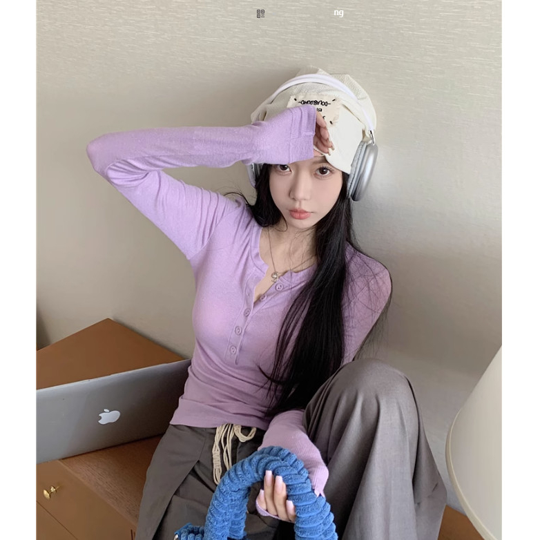 Áo thun tím nhạt pastel tay dài cổ gài nút