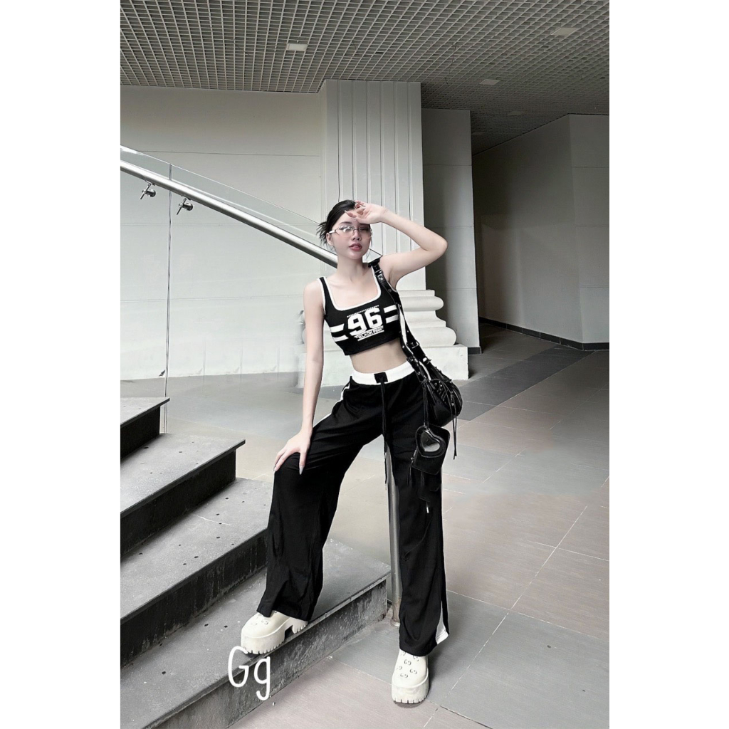 Set gân áo ba lỗ in số mix quần dài lưng thun viền màu hot hot