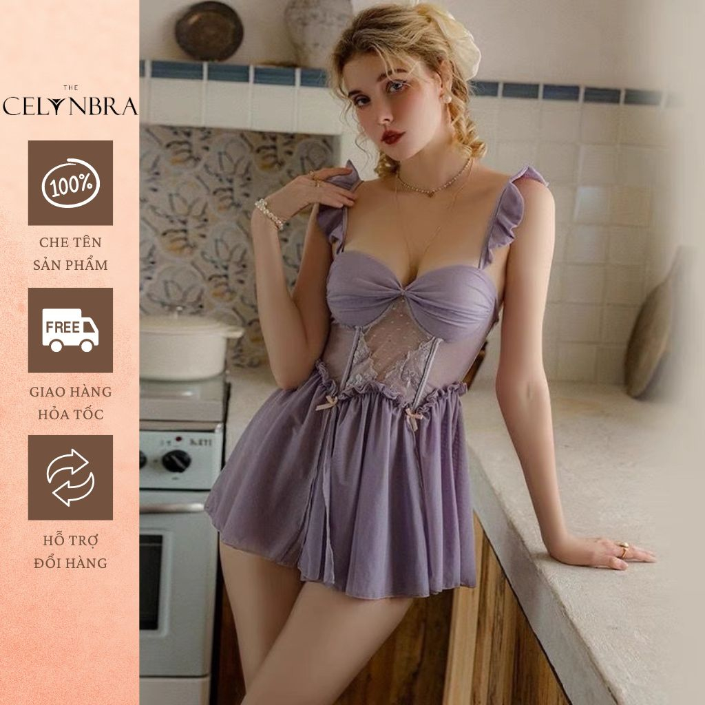 Váy ngủ lụa cúp ngực xẻ tà đính nơ phối dây cánh tiên sexy THE CELYNBRA - V117