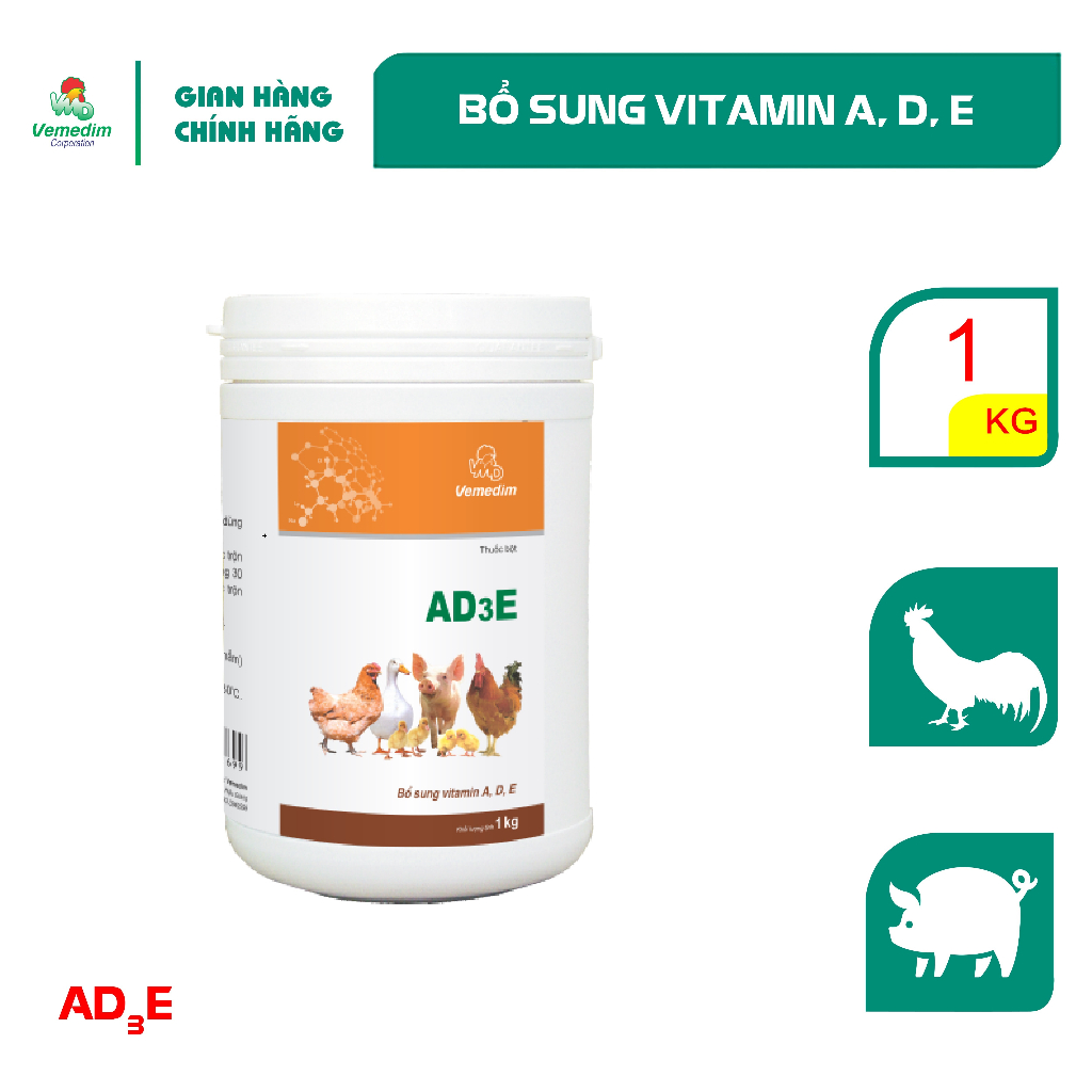 Vemedim AD3E Bổ sung vitamin A,D,E tăng năng suất cho gia súc, gia cầm, lon 1kg