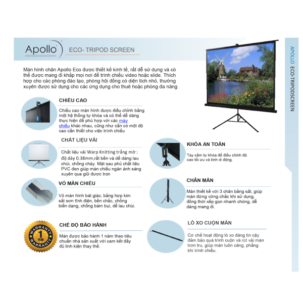 Màn chiếu đứng 3 chân Apollo di động 70 in xách tay di chuyển dễ dàng nhanh chóng bảo hành 12 tháng