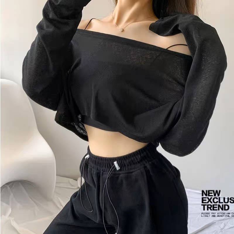 Áo croptop thun xước trễ vai dài tay thiết kế bánh bèo phong cách hàn quốc