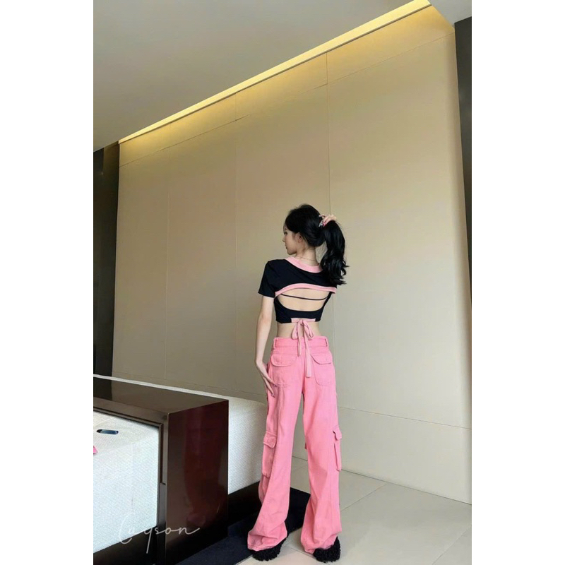 Quần jeans suông hồng túi hộp đai dài