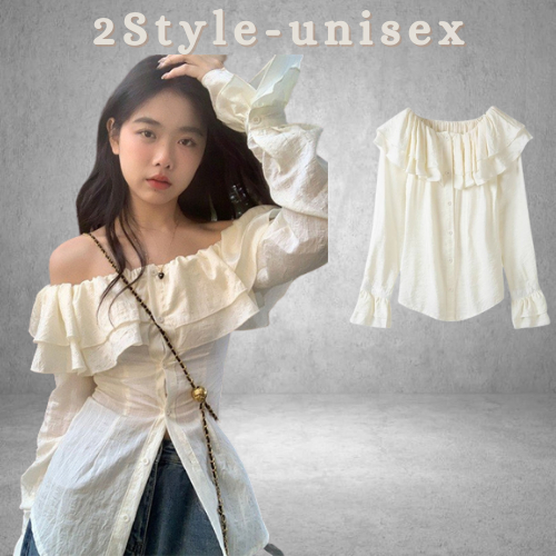 Áo hở vai tay phồng cổ bèo, Áo kiểu nữ vải đũi gân đa phong cách tôn da tôn dáng 2style_unisex