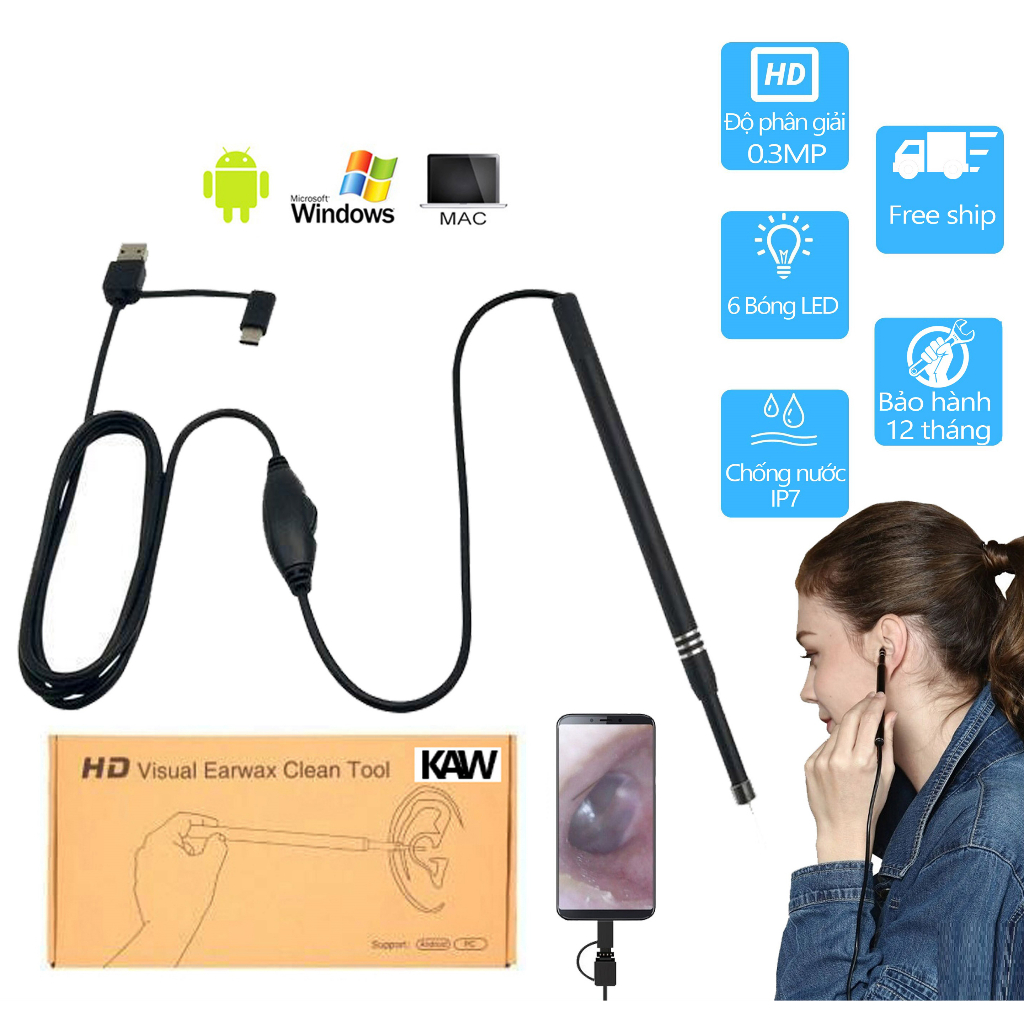 Camera Nội Soi Tai KAW Siêu Nét Đi Kèm Bộ Đầu Lấy Ráy Thông Minh - Hàng Chính Hãng