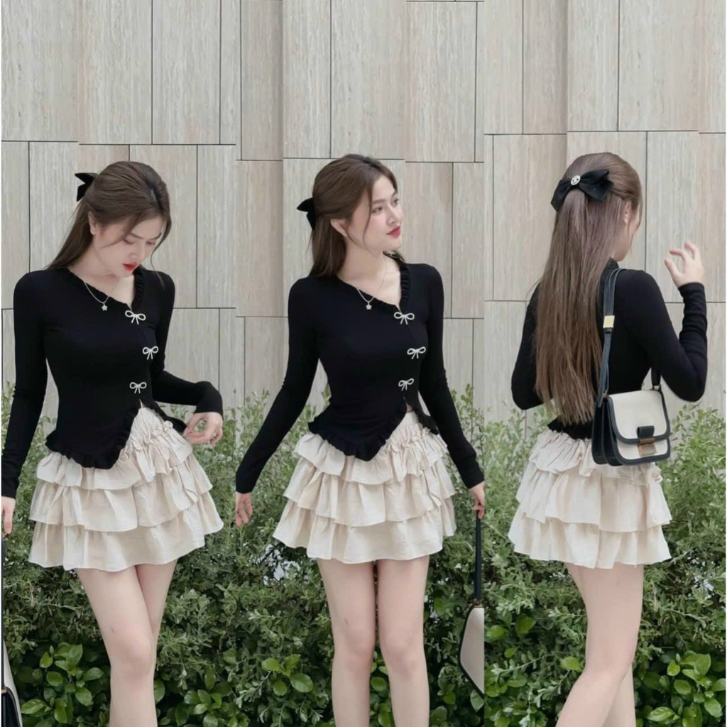 Chân vá xòe trắng và áo thun gân tay dài màu đen kiểu đầm váy nữ trẻ trung dự tiệc đi chơi thời trang VALKYRIE