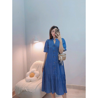 ĐẦM JEAN PHỐI NÚT KẾT HỢP DÂY NƠ BUỘC EO - Hình shop chụp thật