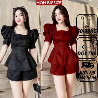 Set đồ bộ bigsize nữ dự tiệc đi chơi kiểu cổ vuông chất cotton lạnh MON big size 50 - 90kg