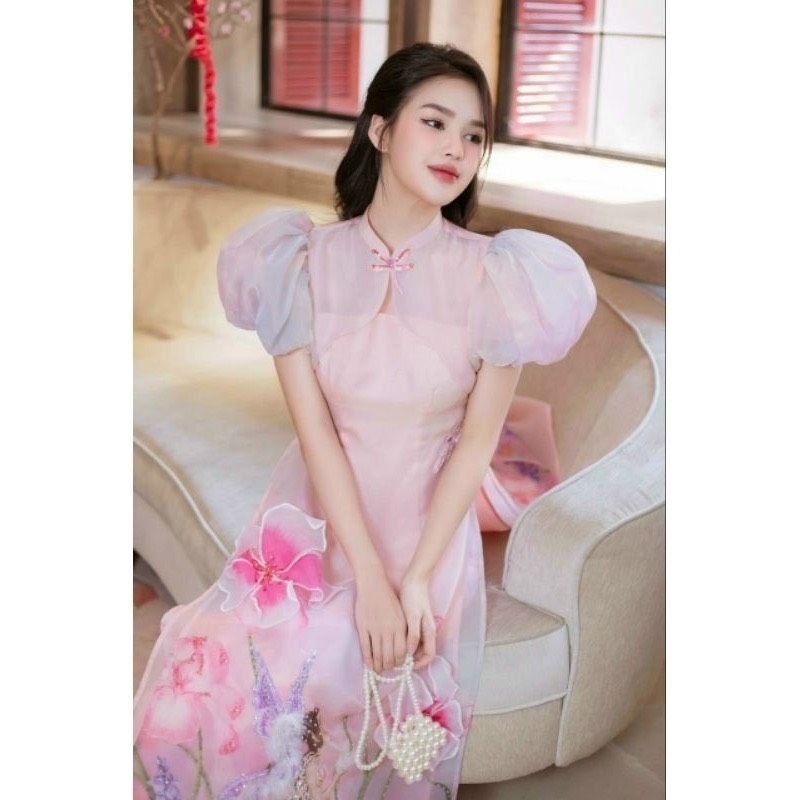 Áo dài cách tân tơ 4 tà cao cấp đính kết 100% chuẩn thiết kế cao cấp tay phồng