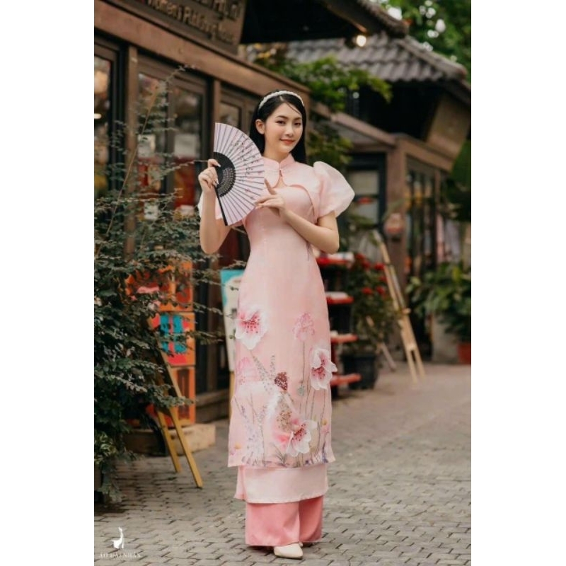 Áo dài cách tân tơ 4 tà cao cấp đính kết 100% chuẩn thiết kế cao cấp tay phồng