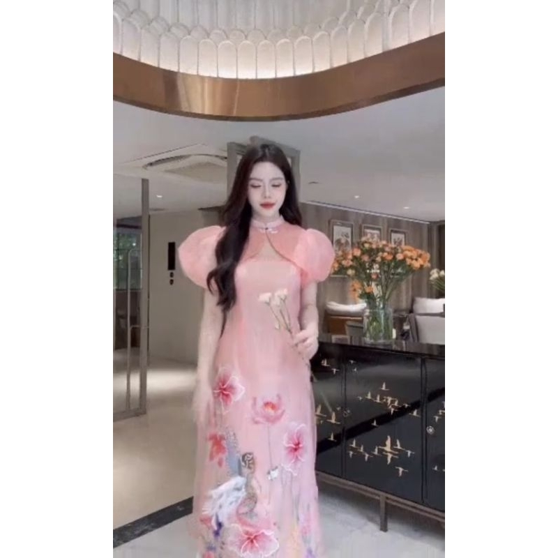 Áo dài cách tân tơ 4 tà cao cấp đính kết 100% chuẩn thiết kế cao cấp tay phồng