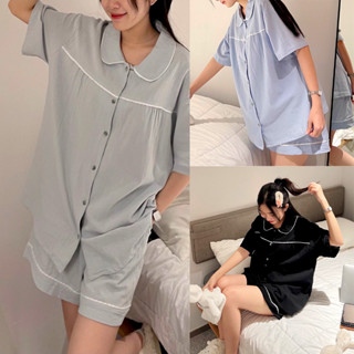 Set đồ bộ pyjama cộc tay đồ ngủ nữ mặc nhà đũi xốp phom rộng phong cách tiểu thư HQ màu trơn basic cho mùa hè thu