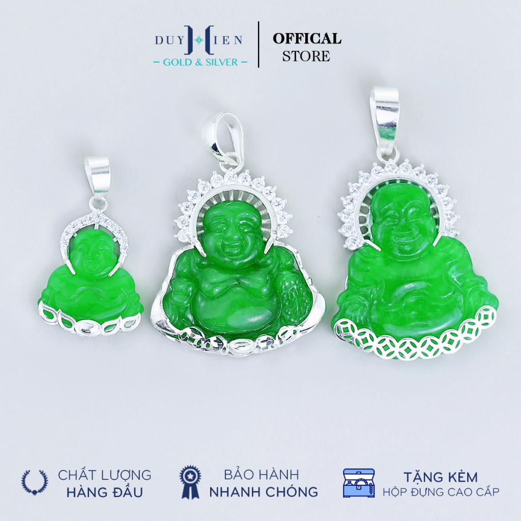 Mặt Dây Chuyền Bạc Duy Hiển Hình Tượng Đức Phật Di Lặc Đá Xanh Ngọc Có Viền Đá Vầng Hào Quang Trên Đầu Sáng Rực Rỡ